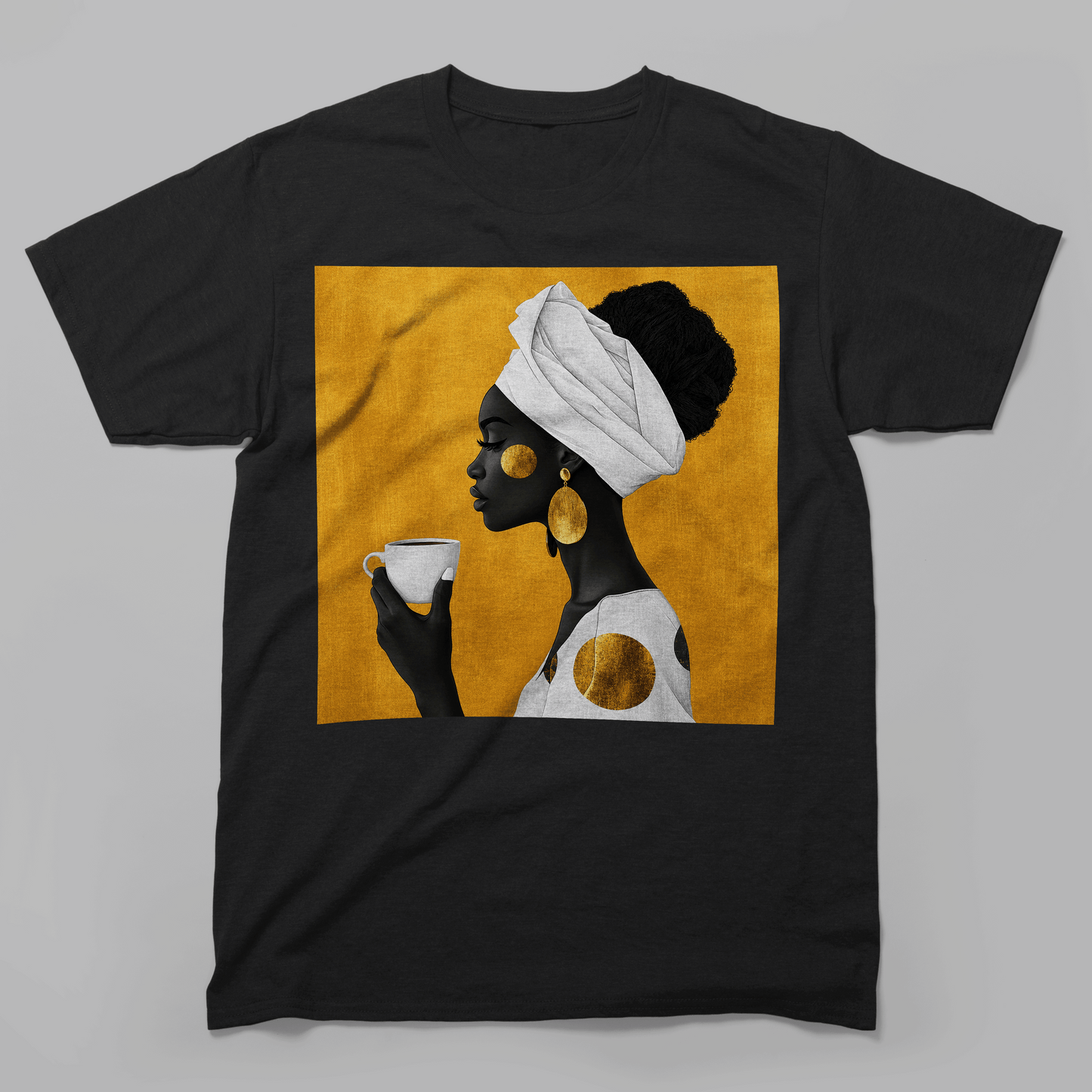 She Sips in Gold Head Wrap Queen Afro T-Shirt