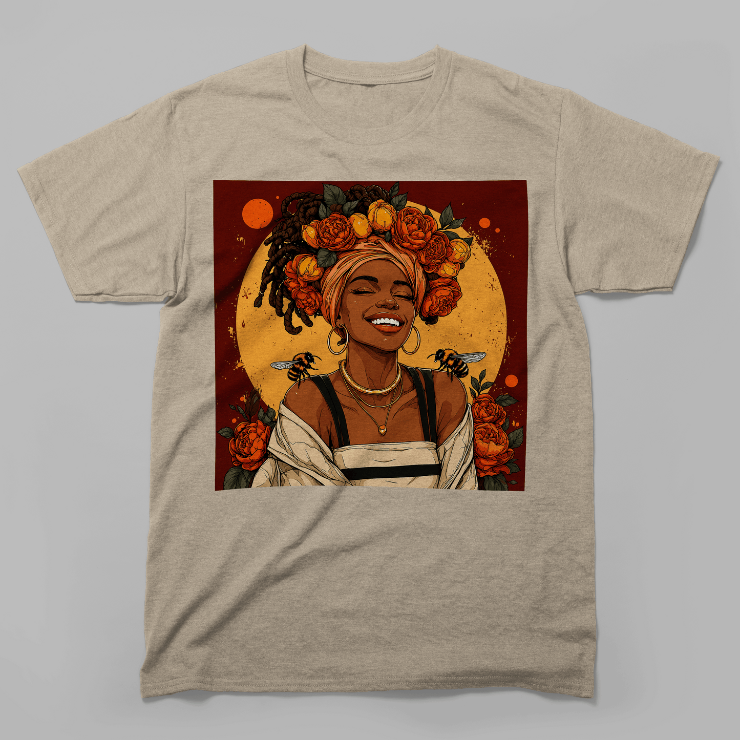 Golden Sun Melanin Queen Floral Bees T-Shirt