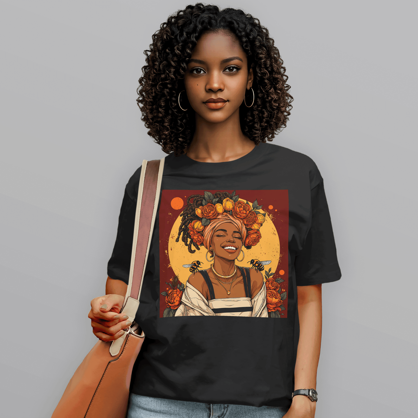 Golden Sun Melanin Queen Floral Bees T-Shirt