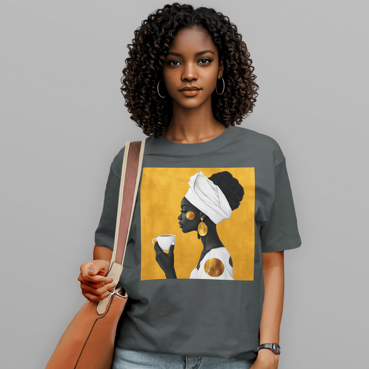 She Sips in Gold Head Wrap Queen Afro T-Shirt