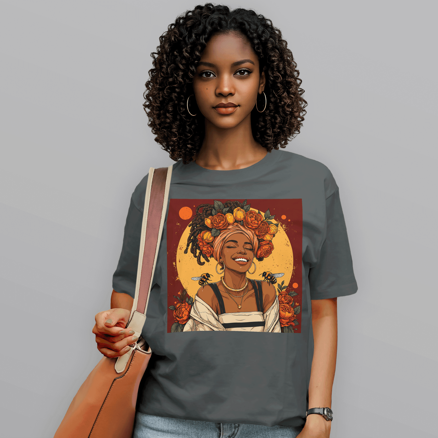 Golden Sun Melanin Queen Floral Bees T-Shirt