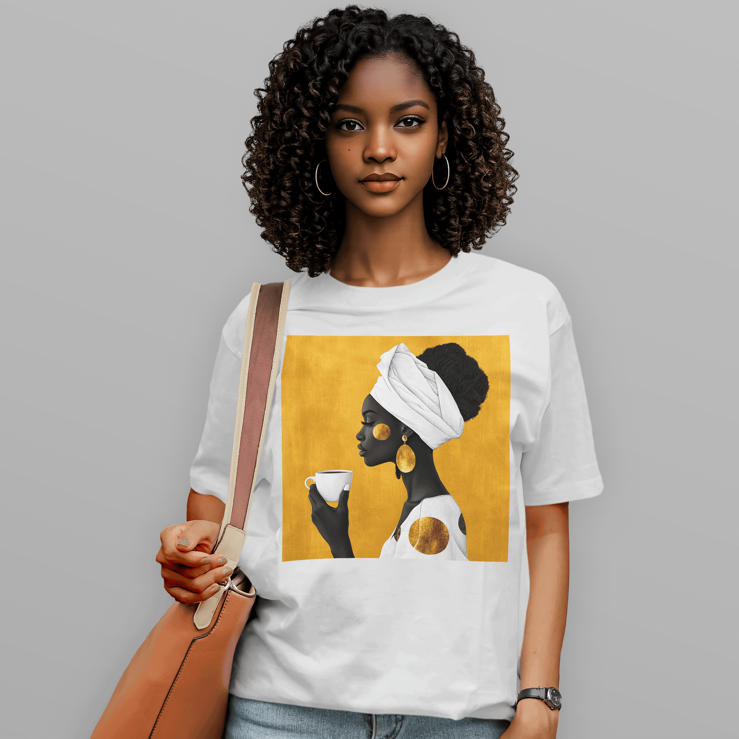 She Sips in Gold Head Wrap Queen Afro T-Shirt