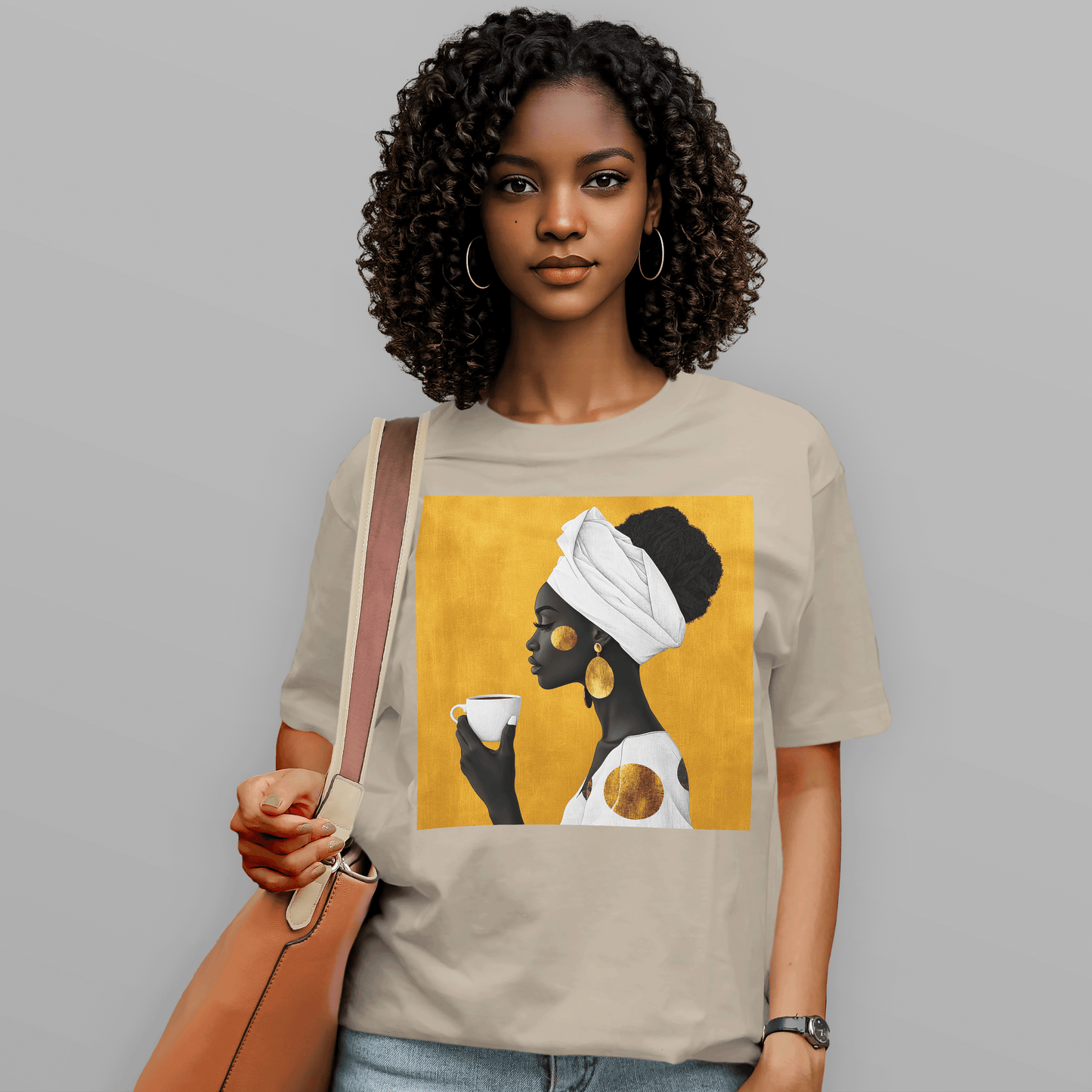 She Sips in Gold Head Wrap Queen Afro T-Shirt