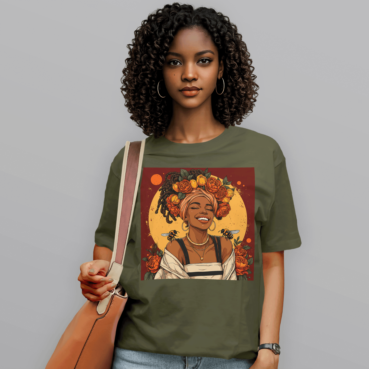 Golden Sun Melanin Queen Floral Bees T-Shirt