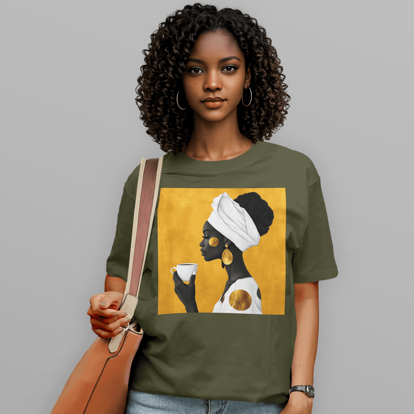 She Sips in Gold Head Wrap Queen Afro T-Shirt