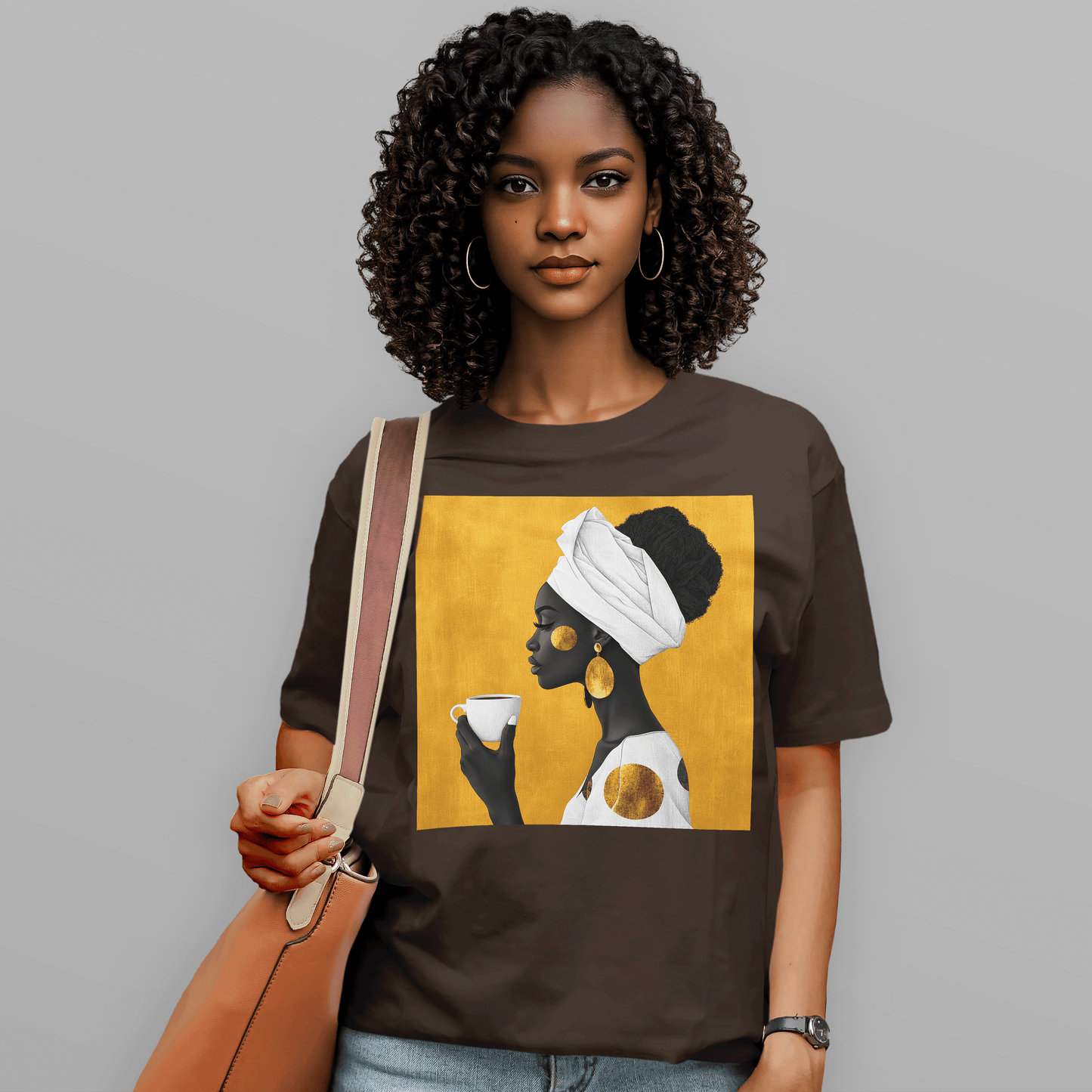 She Sips in Gold Head Wrap Queen Afro T-Shirt