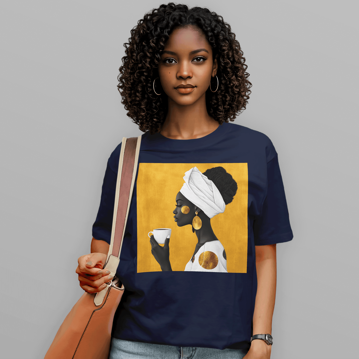 She Sips in Gold Head Wrap Queen Afro T-Shirt