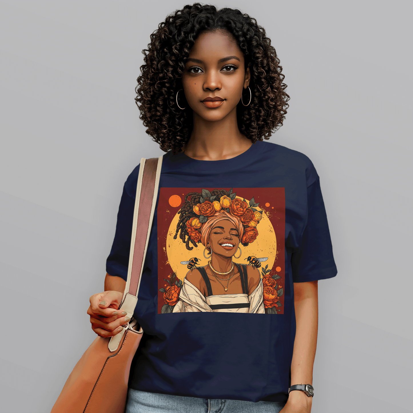Golden Sun Melanin Queen Floral Bees T-Shirt