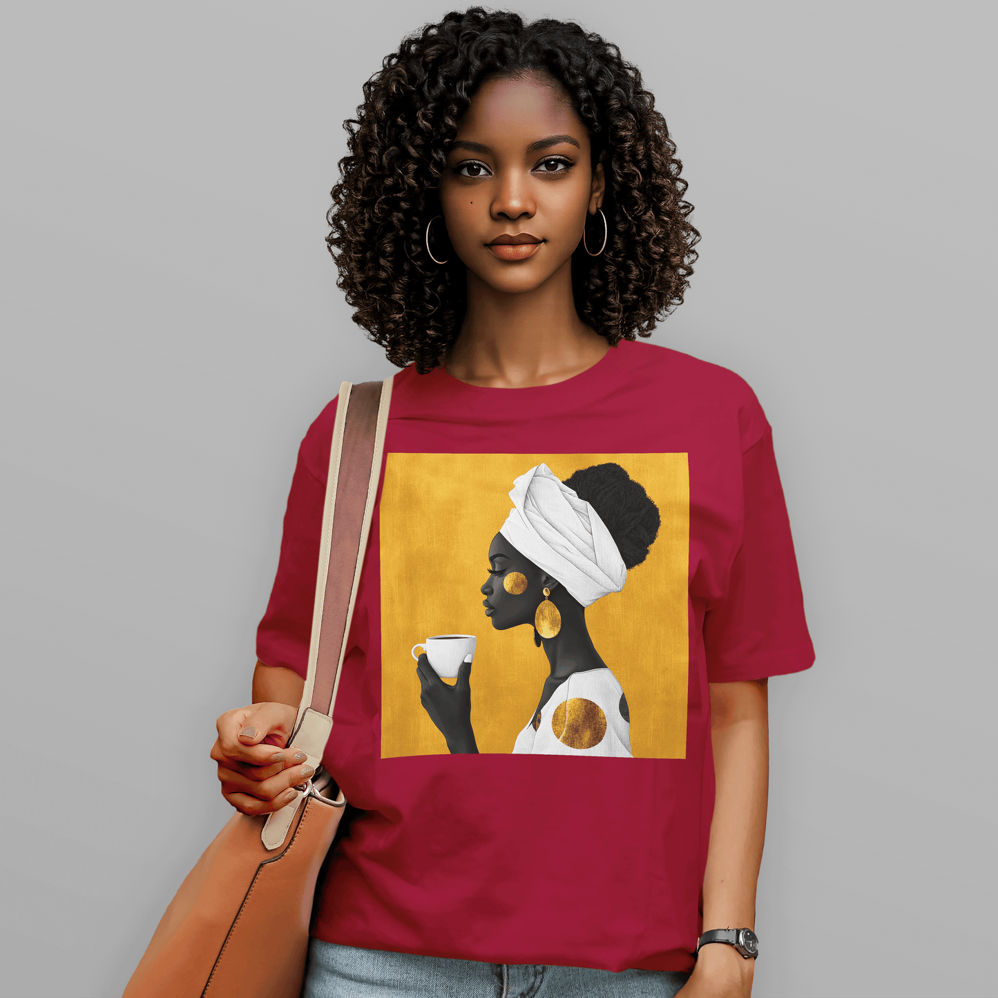 She Sips in Gold Head Wrap Queen Afro T-Shirt