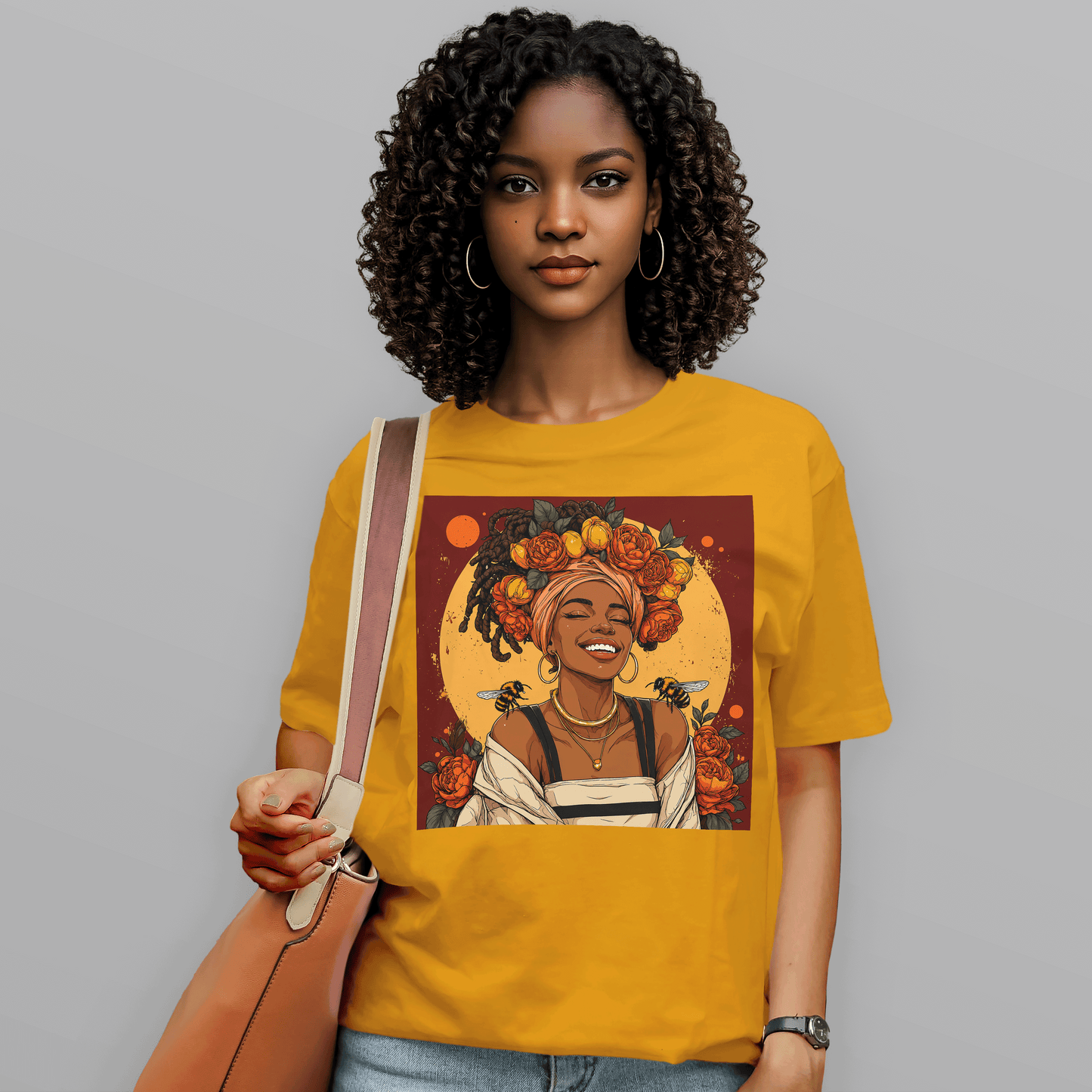 Golden Sun Melanin Queen Floral Bees T-Shirt