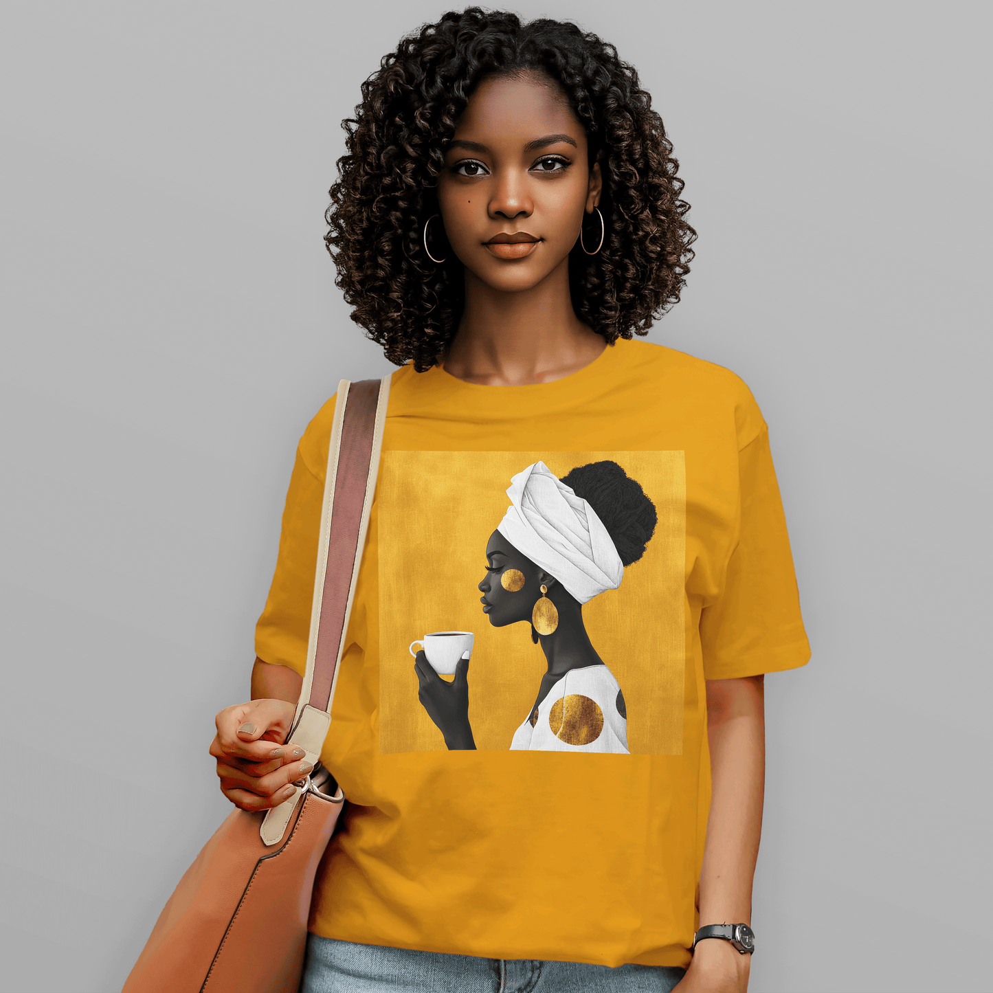 She Sips in Gold Head Wrap Queen Afro T-Shirt