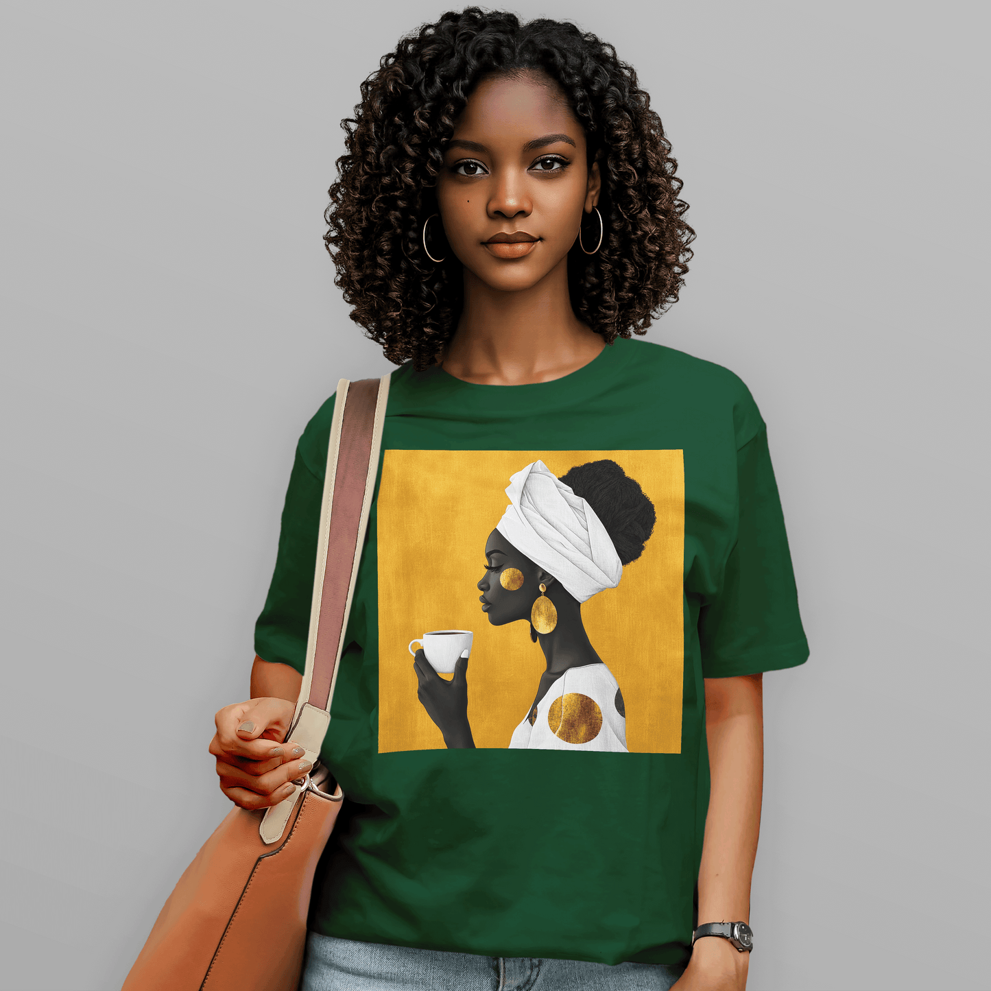 She Sips in Gold Head Wrap Queen Afro T-Shirt