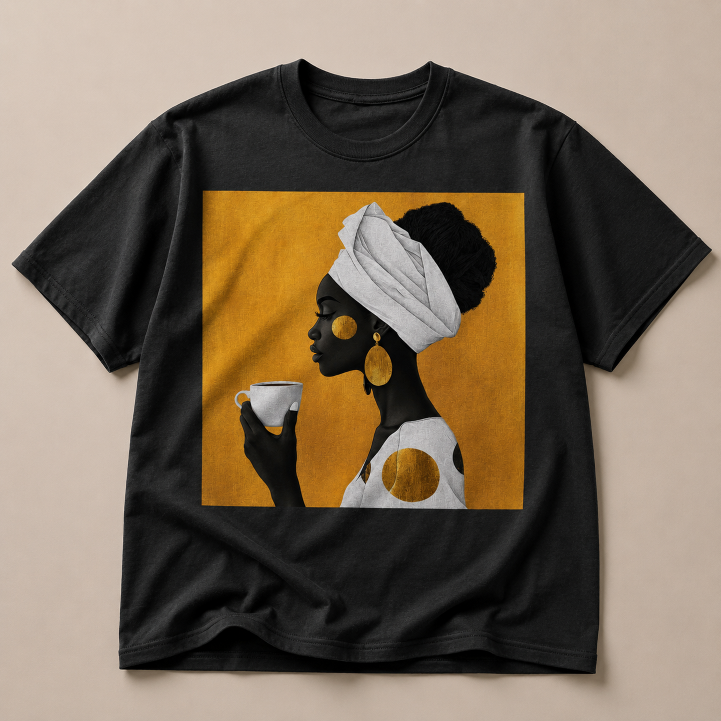 She Sips in Gold Head Wrap Queen Afro T-Shirt