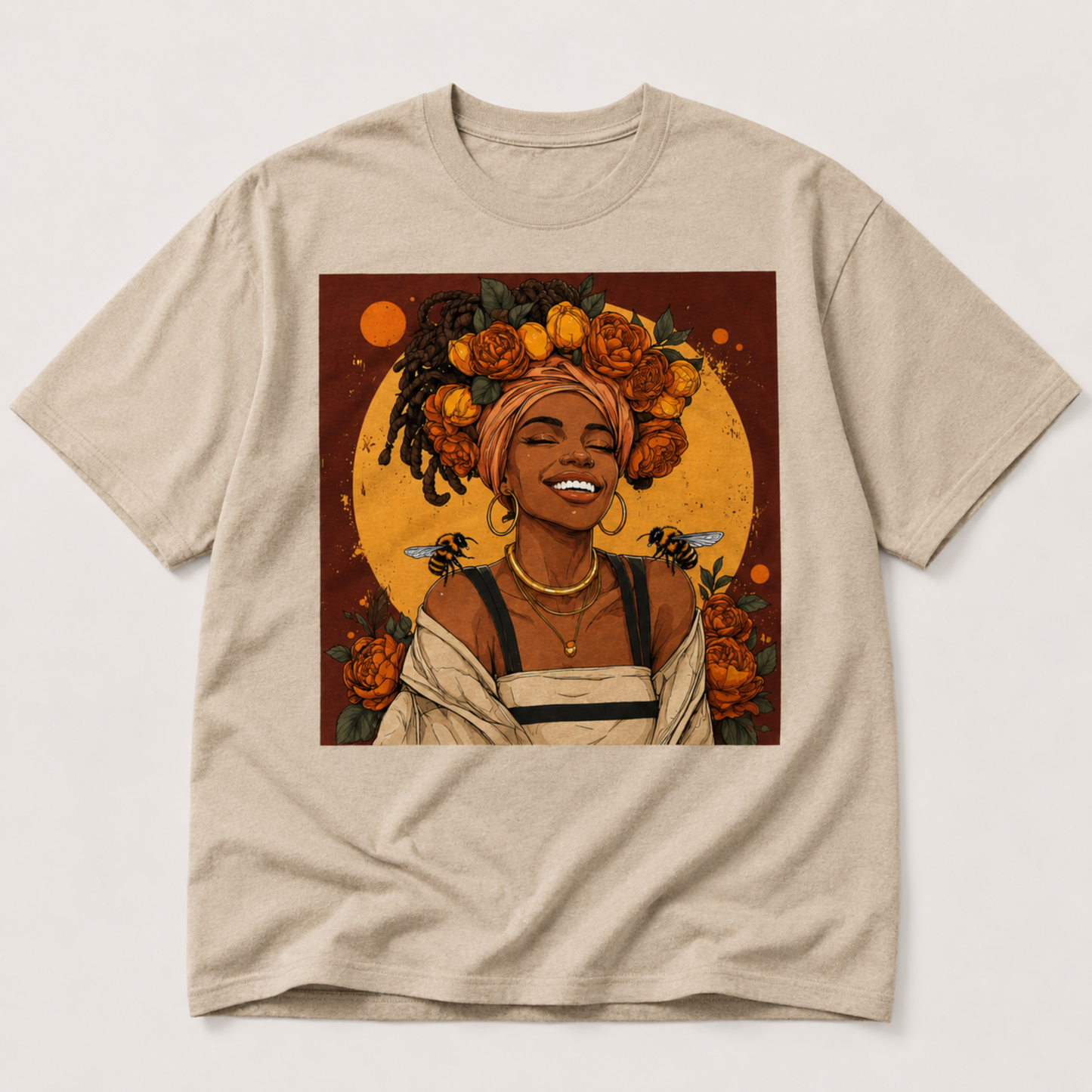 Golden Sun Melanin Queen Floral Bees T-Shirt